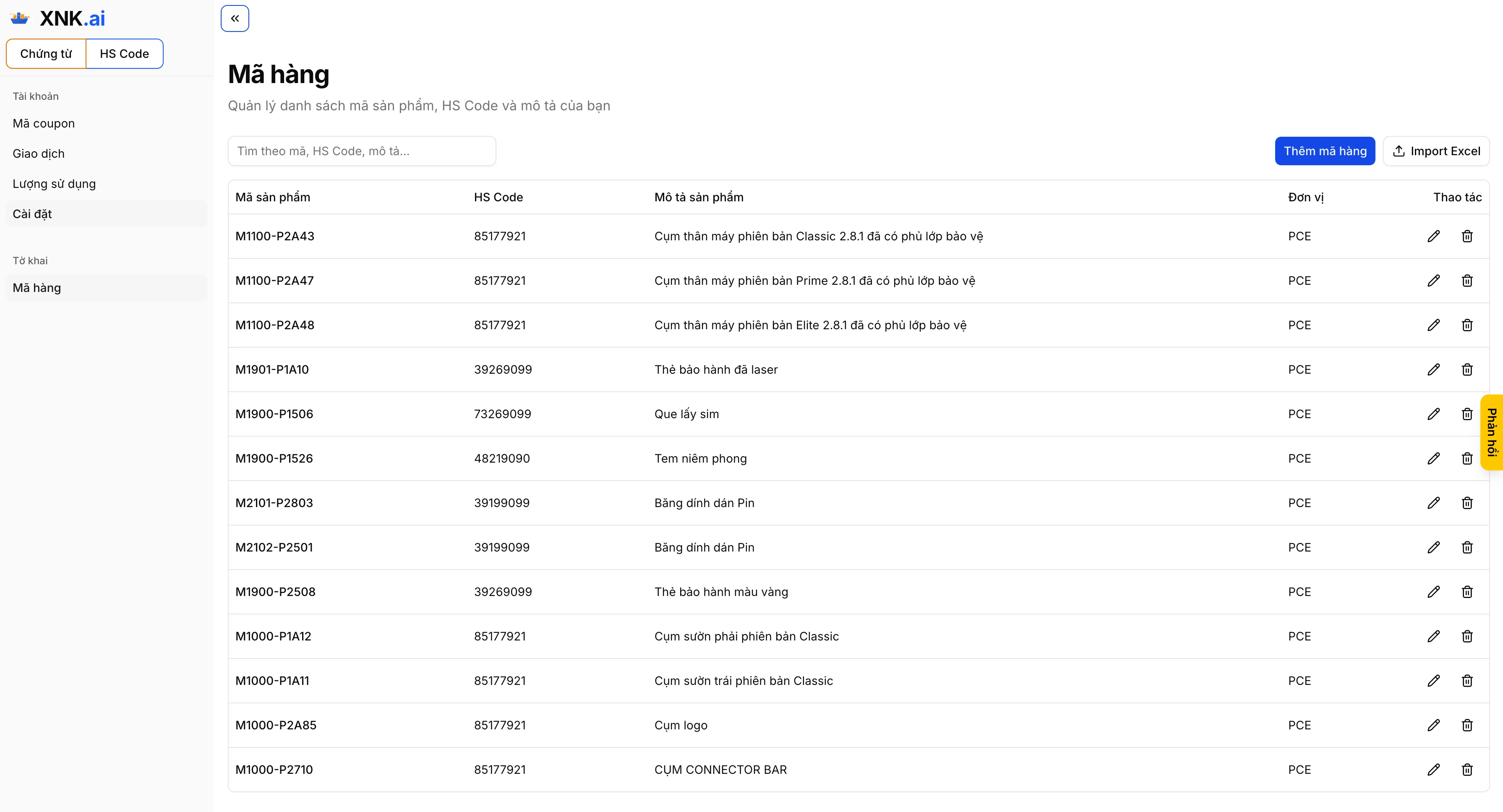 Danh sách hàng (Product Code List) – Lưu và tái sử dụng sản phẩm khi khai báo hải quan