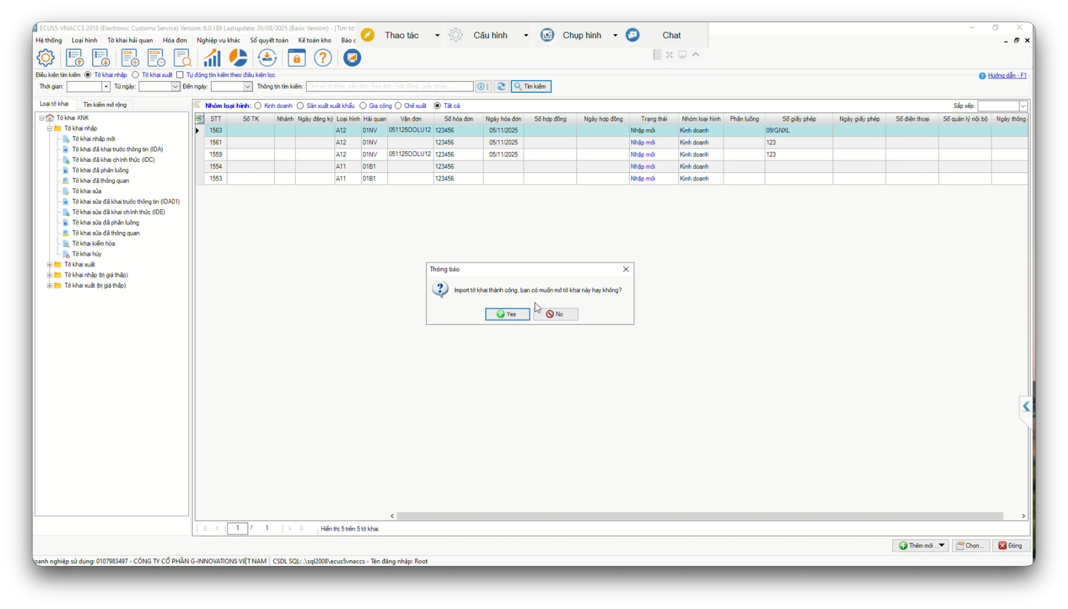 Xác nhận import thành công