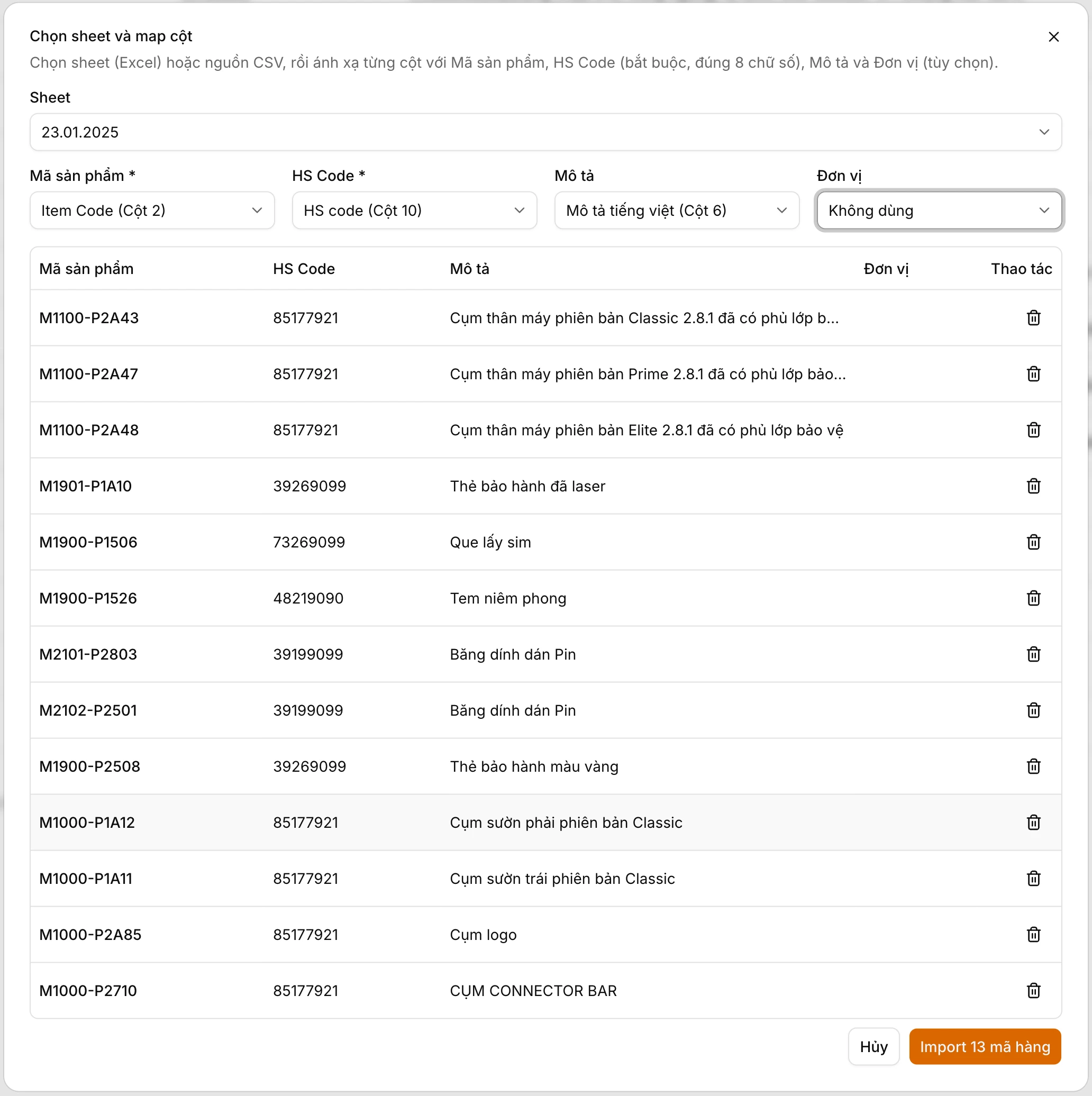 Import từ Excel — chọn sheet và map cột