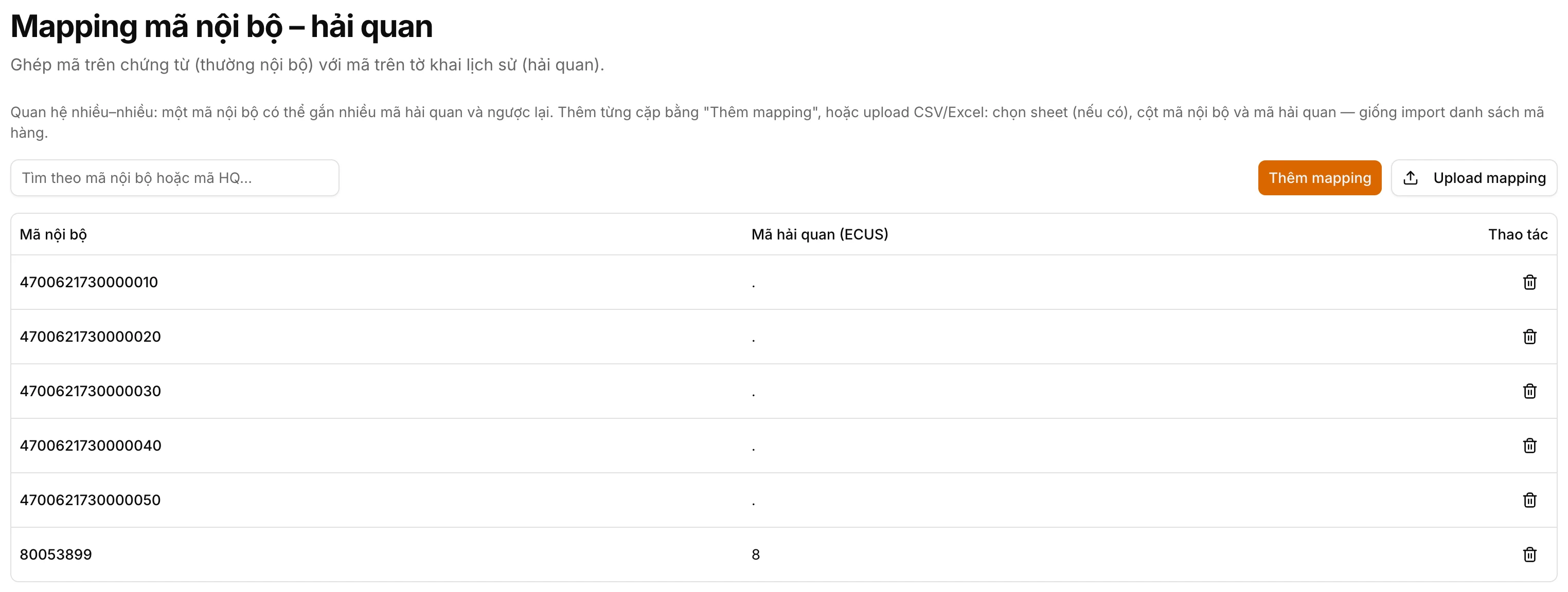 Mapping mã nội bộ và mã hải quan (ECUS)