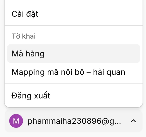 Vào Mã hàng từ menu người dùng — Tờ khai